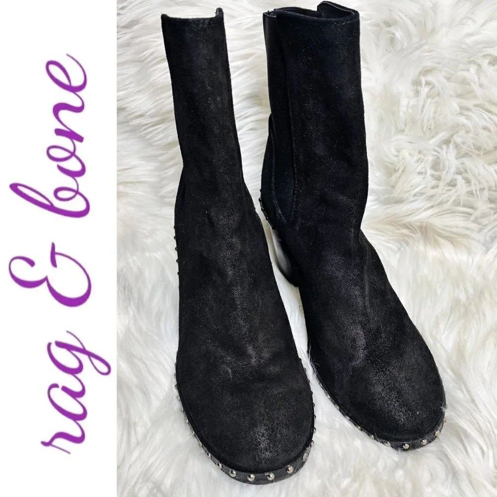RAG & BONE‎ Romi Black Suede Chelsea Silver Stud Block Heel Bootie, Size 36